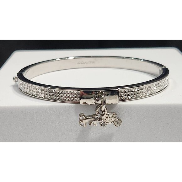 Coach Pavé Crystal Horse & Carriage Silver-tone Hinged Bracelet Charm Bangle - Picture 1 of 9
